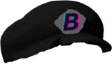 a black hat with a letter b on it on a white background .