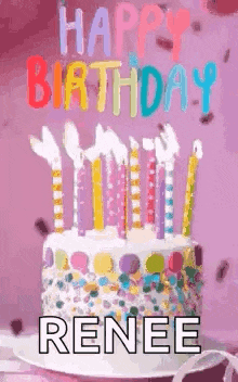 a birthday cake with candles and confetti on it is on a plate on a table .