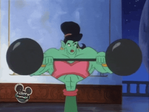 a cartoon character is lifting a barbell with a disney cinemagic logo in the background
