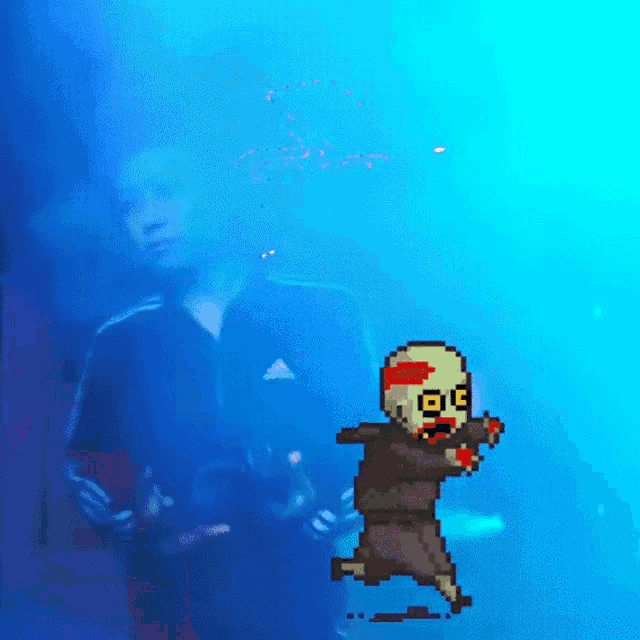 a pixel art of a man wearing a black adidas shirt