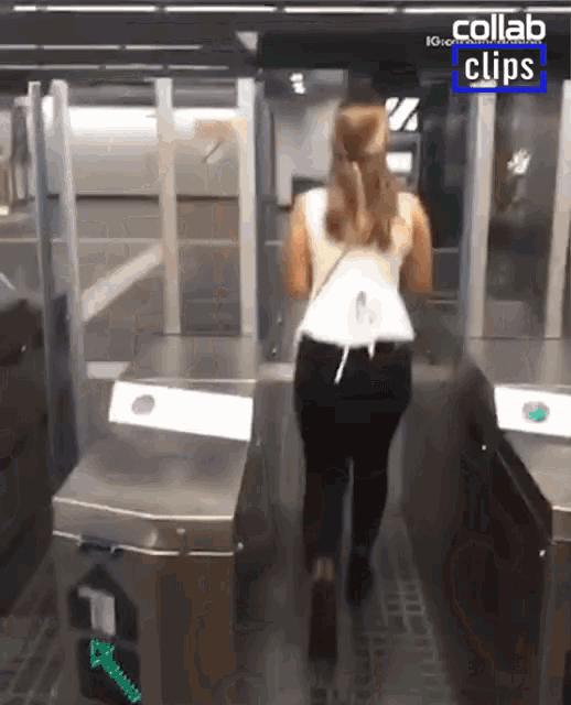 a woman walking through a gate with collab clips on the bottom right