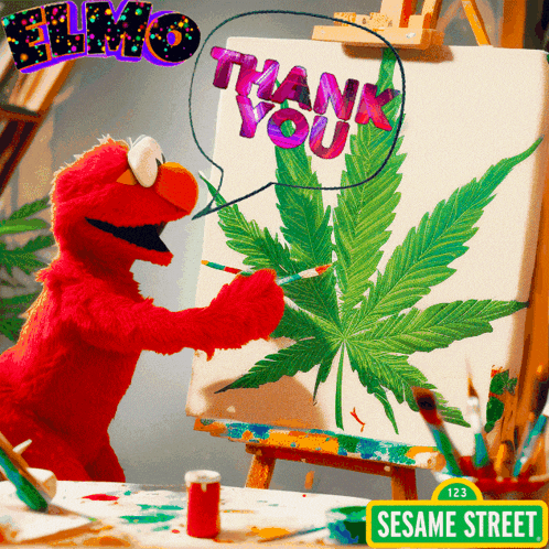 elmo is painting a marijuana leaf on a canvas and says thank you