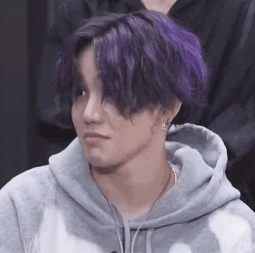 a young man with purple hair is wearing a gray hoodie and earrings .