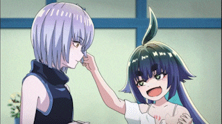 two anime girls are standing next to each other and one is touching the nose of the other