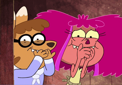 a cartoon of a fox and a pink haired girl
