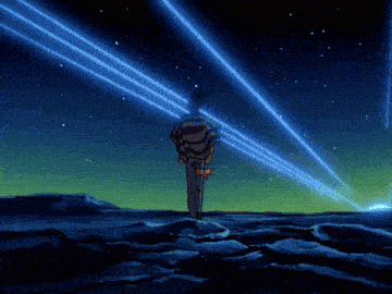 a person standing in front of a starry sky with blue lights coming out of it