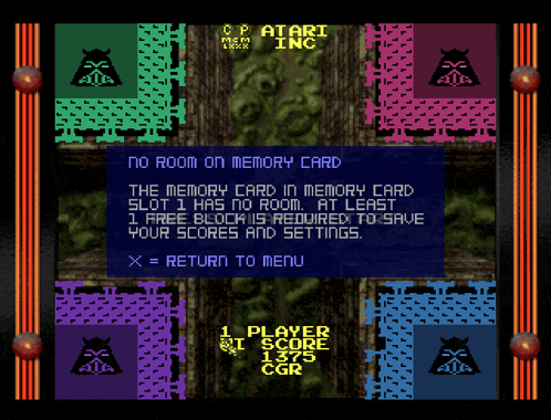 a video game that says no room on memory card at the top