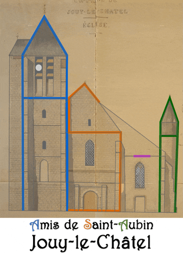 a drawing of a church with the words amis de saint-aubin jouy-le-chatel at the bottom