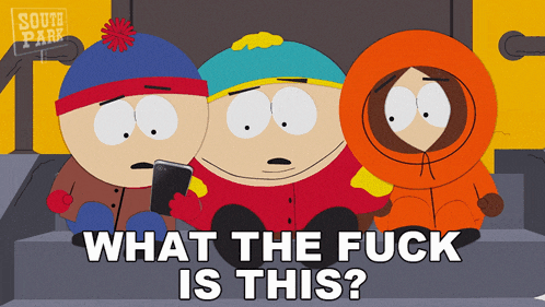 three south park characters are sitting next to each other and the words what the fuck is this