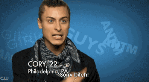 cory 22 from philadelphia pa says sorry bitch in front of a blue background