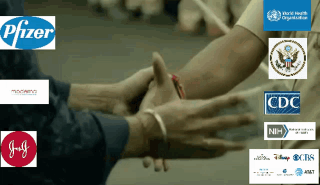 a person shaking hands with logos for pfizer moderna j & j and cdc
