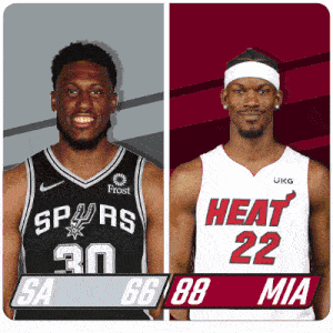 two basketball players from the heat and the spurs are standing next to each other