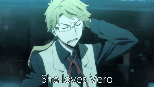 a picture of a man with glasses and the words she loves vera below him