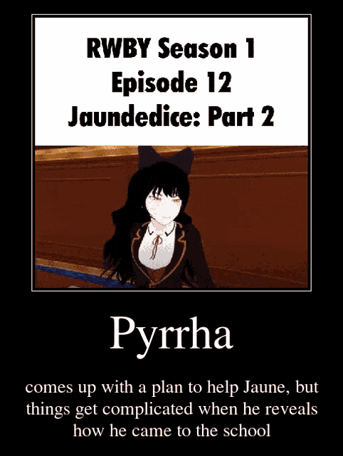 a poster that says rwby season 1 episode 12 jaunedice part 2 pyrrha