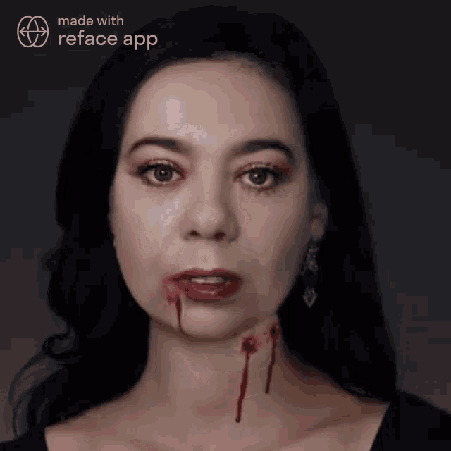 a woman with blood coming out of her mouth is made with reface app