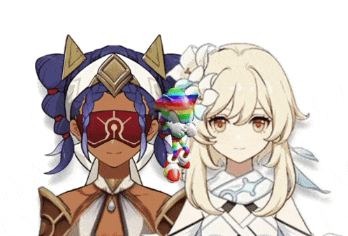 a couple of anime characters standing next to each other with a rainbow balloon in the middle