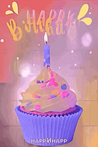a purple cupcake with a blue candle on top of it is on a birthday card .