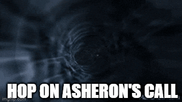 a picture of a black hole with the words hop on asheron 's call on it