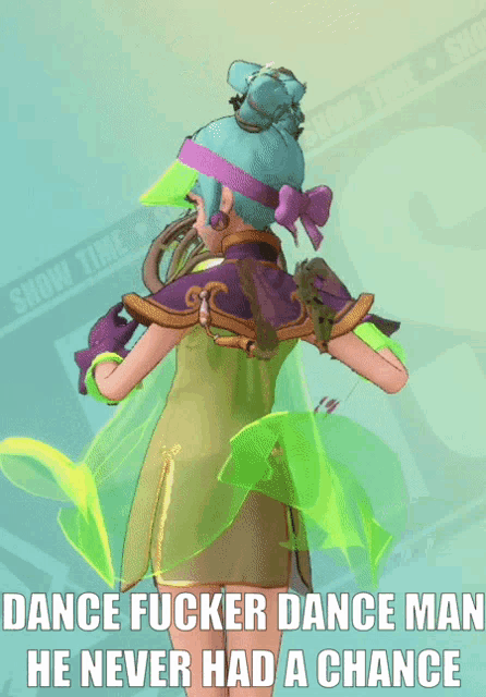 a picture of a girl with the words dance fucker dance man he never had a chance on the bottom