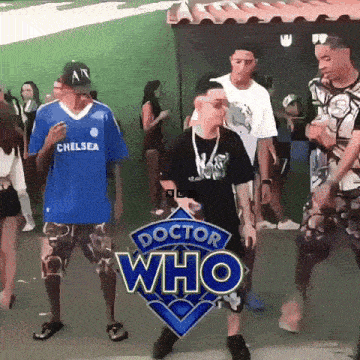 a group of young men are dancing in front of a sign that says doctor who