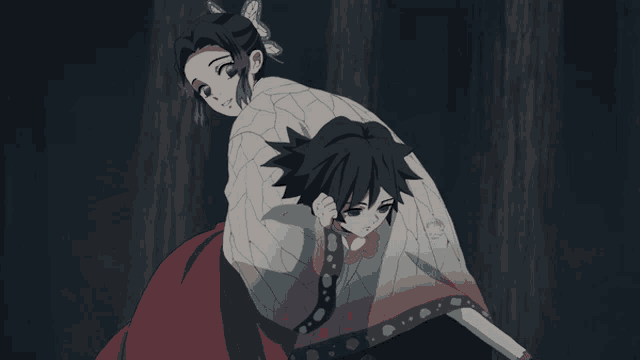 a girl with a butterfly in her hair is standing next to a boy with black hair