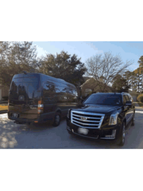 a black van and a black cadillac are parked in a driveway