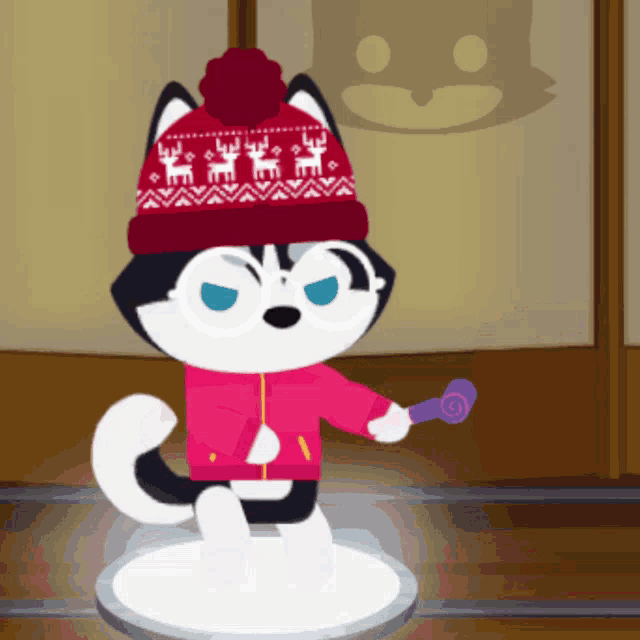 a husky wearing a red hat and a pink jacket