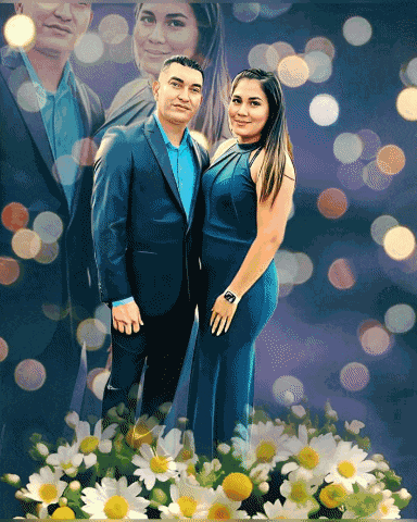 a man and a woman are standing next to each other in front of flowers