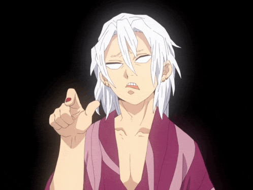 a cartoon character with white hair and red nails is pointing at the camera