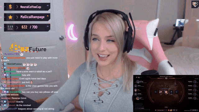 a woman wearing headphones is sitting in front of a screen that says future