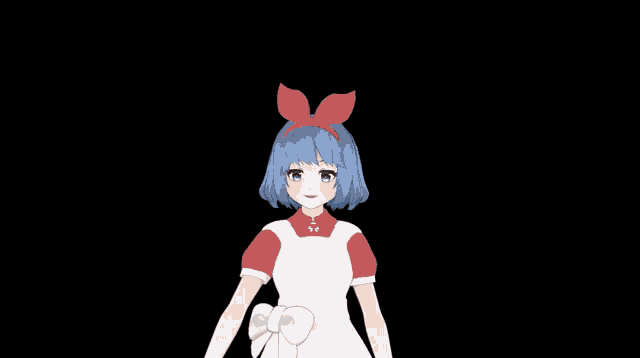 a girl with blue hair is standing in front of a black background with the words one more thing