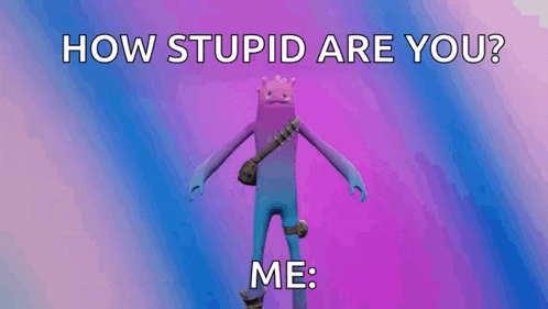 a cartoon character is walking on a purple and blue background and says how stupid are you me .