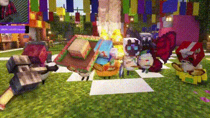 a group of minecraft characters are standing in a grassy area holding gifts .