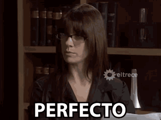 a woman is sitting in front of a bookshelf and the word perfecto is above her head