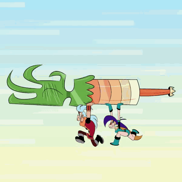 two cartoon characters carrying a large carrot with the letter s on it