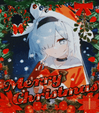 a merry christmas greeting card with an anime girl
