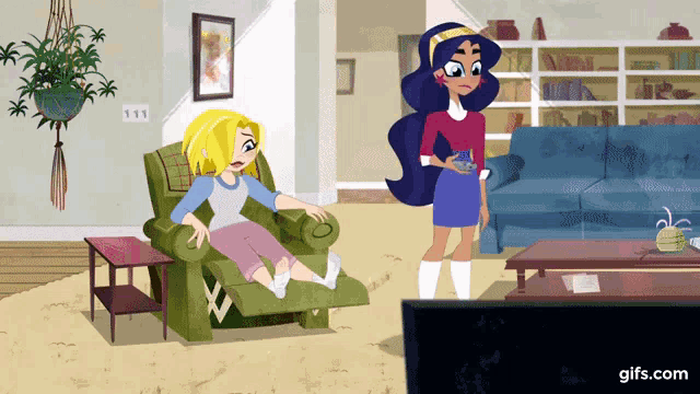 a cartoon of a girl sitting in a recliner next to a woman holding a remote control ..
