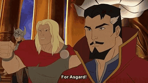 a cartoon character says " for asgard " while pointing
