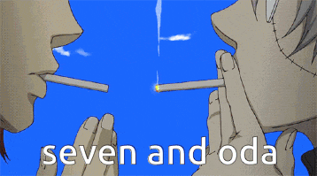 two anime characters are smoking cigarettes and the words seven and oda are below them
