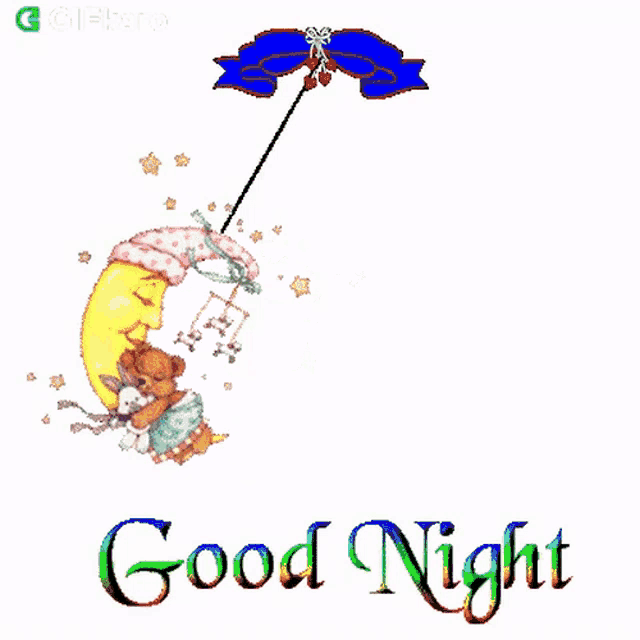 a cartoon of a teddy bear sleeping on a crescent moon with the words good night written below it