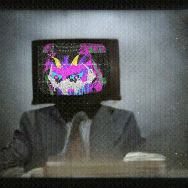 a man in a suit and tie has a tv on his head with a colorful drawing on it