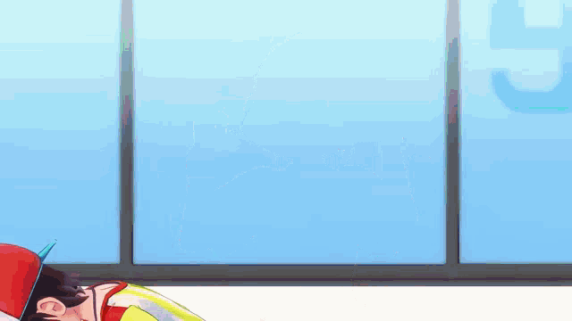a 3d anime girl wearing a red and white hat and sunglasses is standing in front of a window .