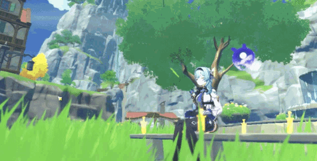 a video game character is sitting under a tree in the grass