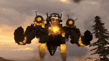 a robot with a man 's face on it is flying in the air