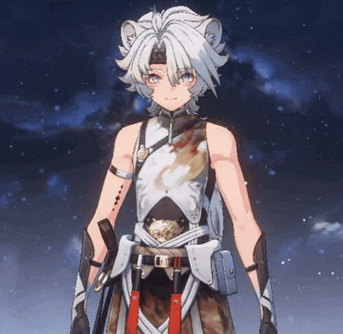 a cartoon character with white hair and a belt that says ' ii ' on it