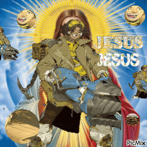 a cartoon of jesus holding a drill with the words jesus jesus written on the bottom
