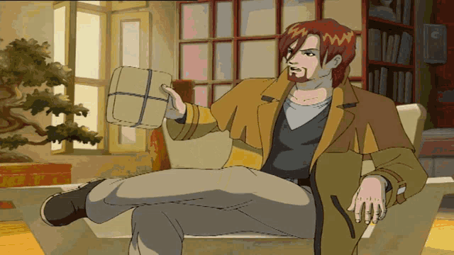 a cartoon of a man sitting in a chair holding a book