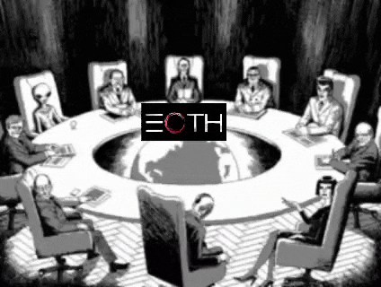 a black and white drawing of a group of people sitting around a round table with the ecth logo on the top .