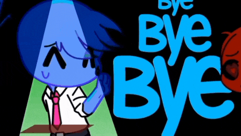a blue cartoon character is standing in front of a sign that says " bye bye "