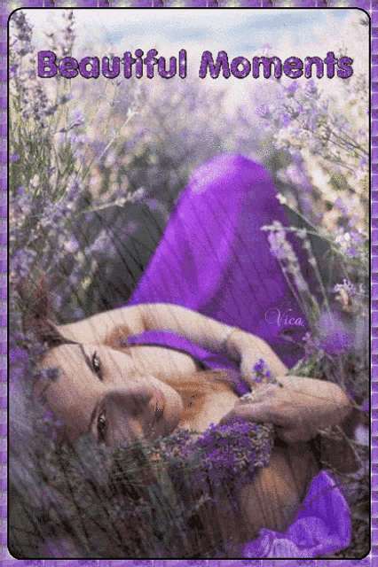 a woman in a purple dress laying in a field of lavender flowers